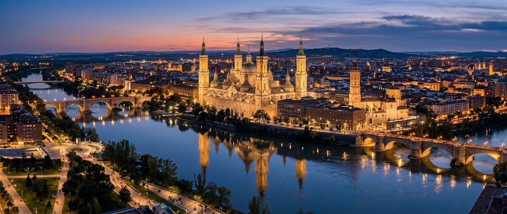 Vista de Zaragoza con la basílica del Pilar junto al Ebro