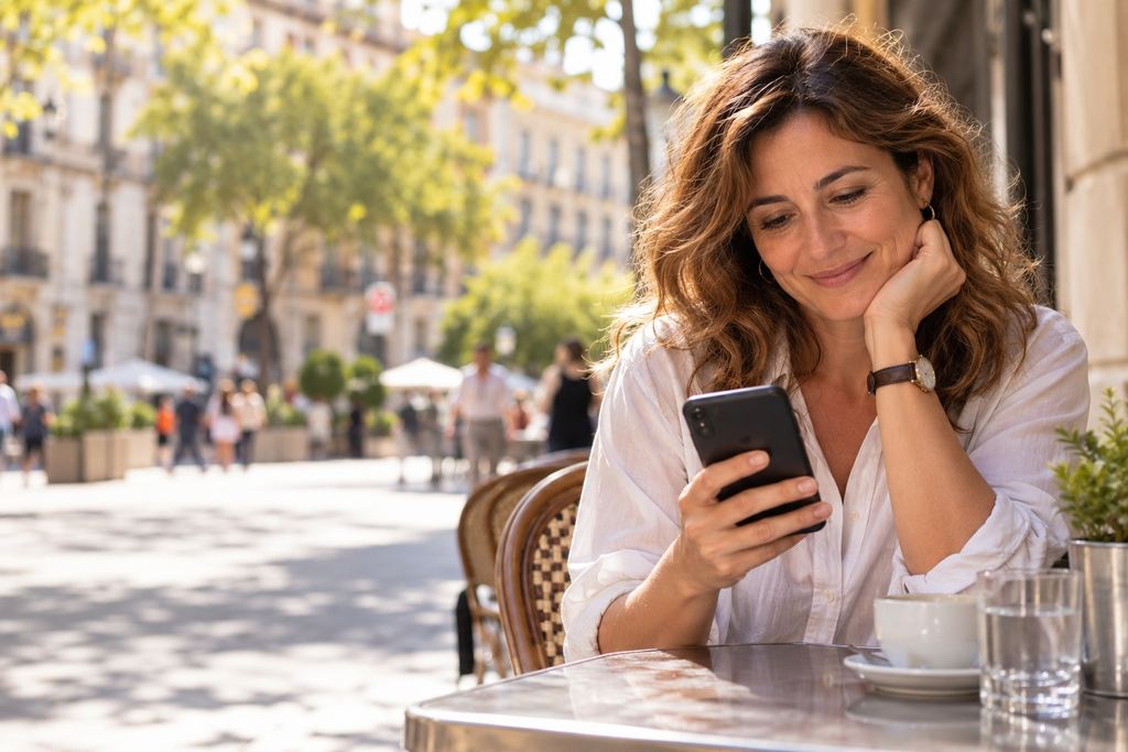 Mujer leyendo un mensaje en su móvil en una terraza