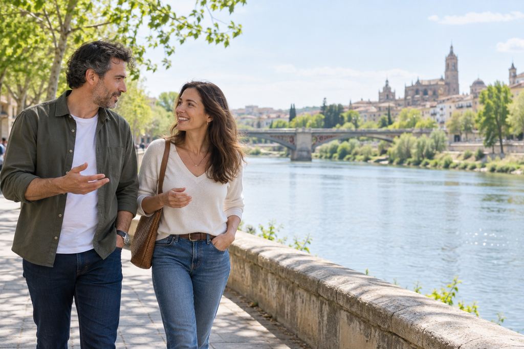 Dos adultos conversando durante un paseo junto al río