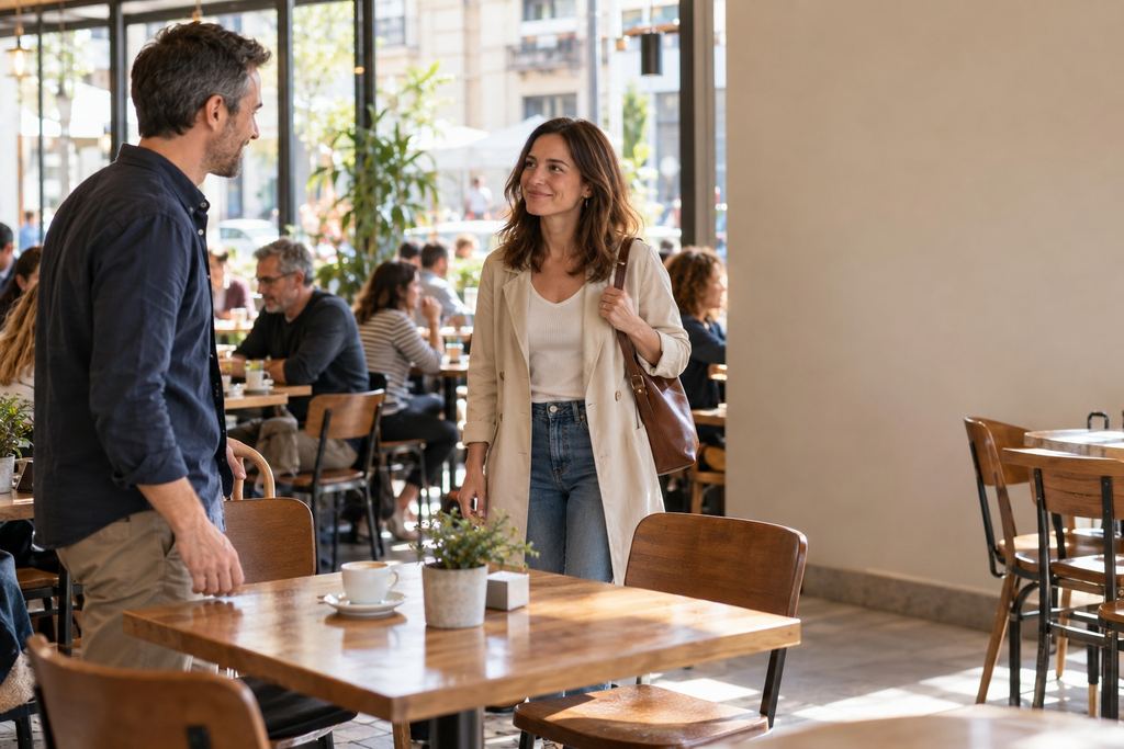 Dos personas saludándose en una cafetería pública para su primera cita