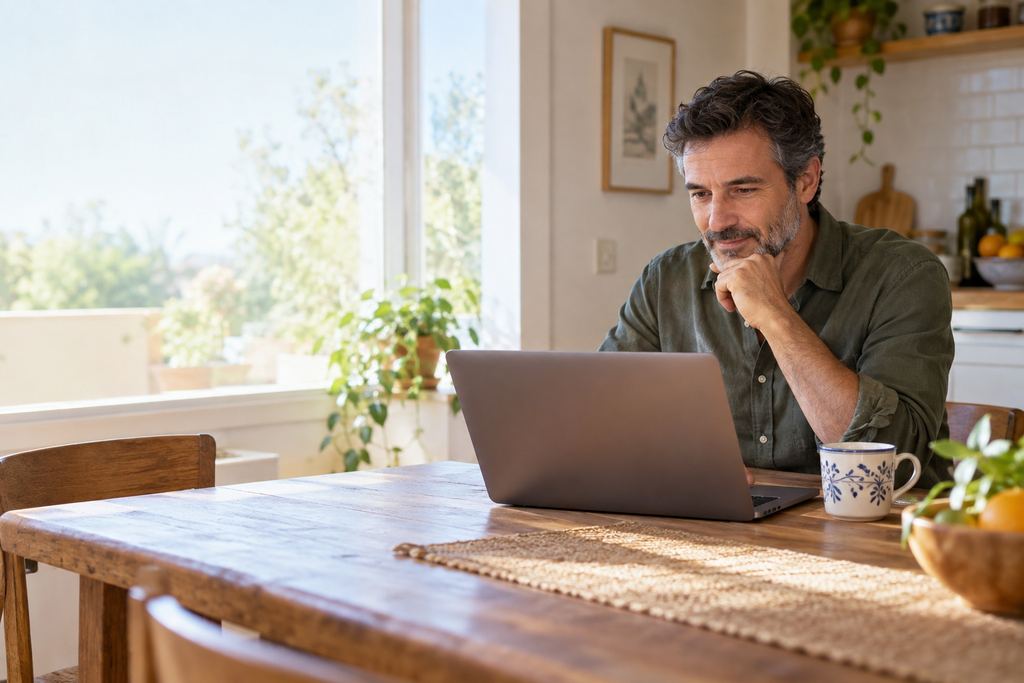 Hombre revisando información en un portátil desde su cocina