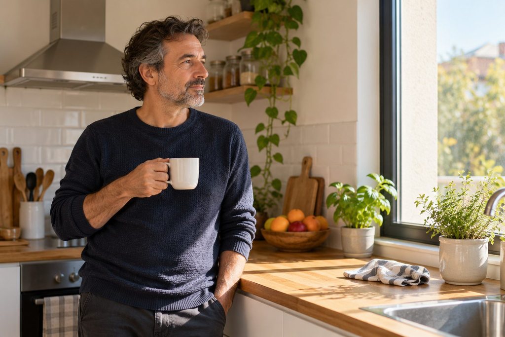 Hombre de unos cincuenta años de pie en la encimera de su cocina con un café, mirando por la ventana mientras piensa con calma