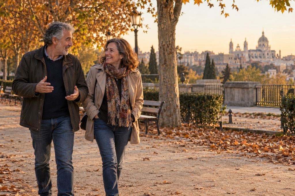Pareja adulta paseando y conversando en una etapa madura de su vida