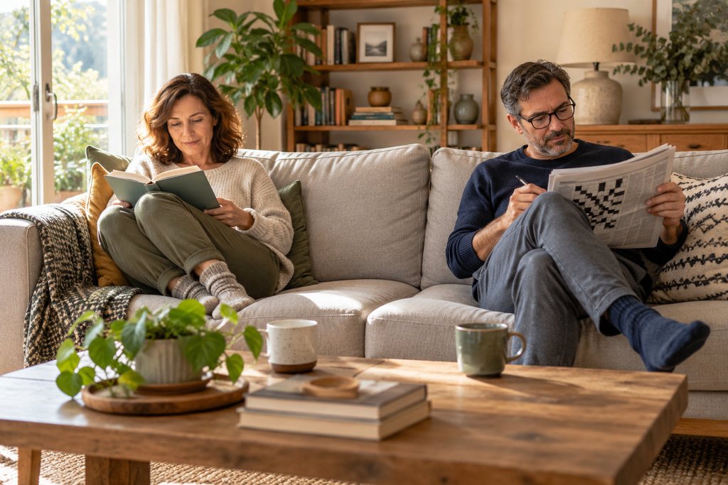 Pareja de unos cuarenta y cinco años sentados en el mismo sofá un domingo por la mañana, cada uno leyendo lo suyo en silencio